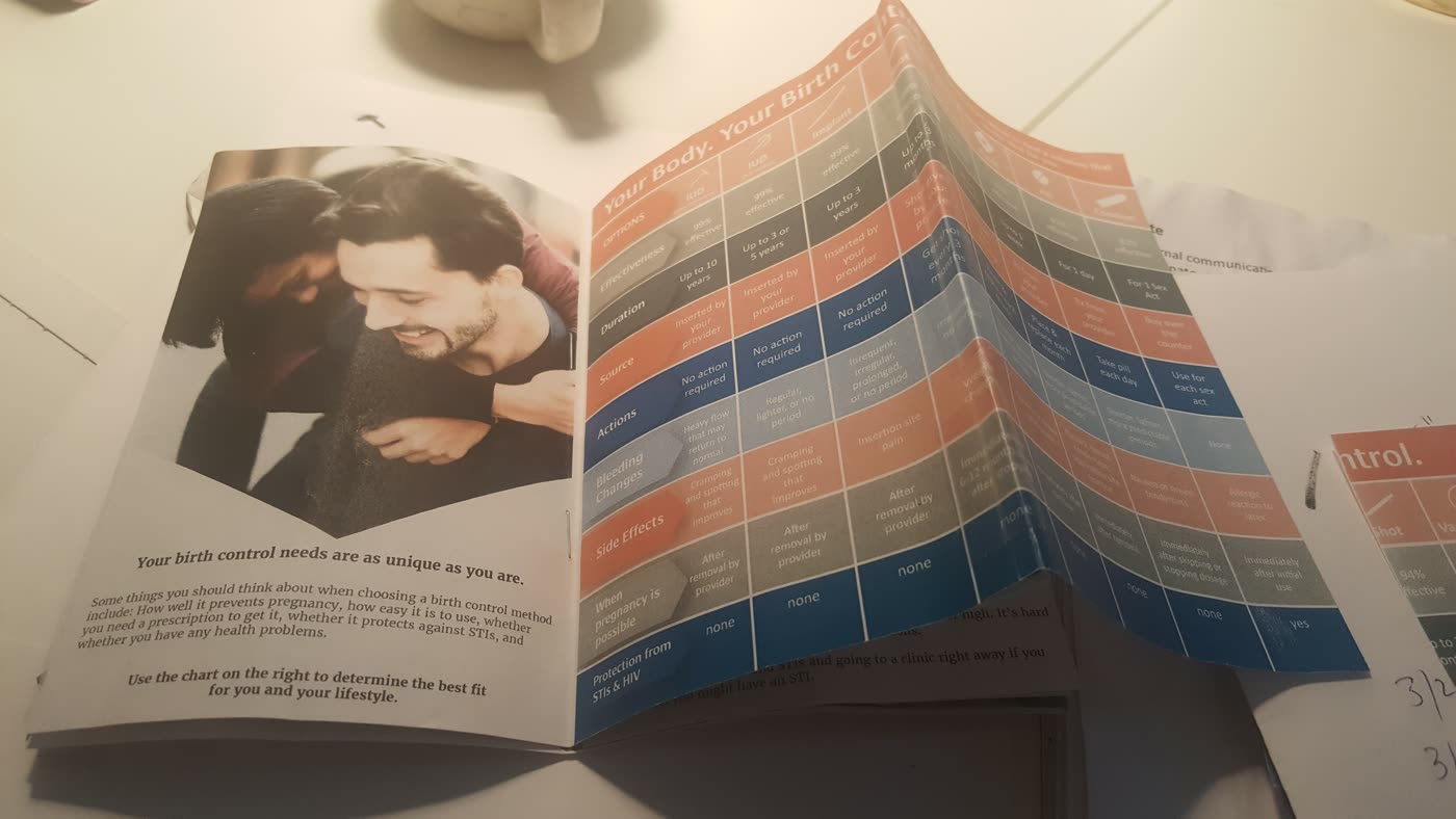 Printed birth control comparison chart brochure